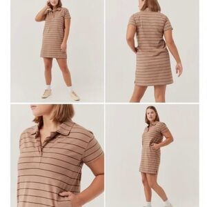 Pact Organic Cotton Tan and Brown Striped Polo T-Shirt Dress with pockets, Small